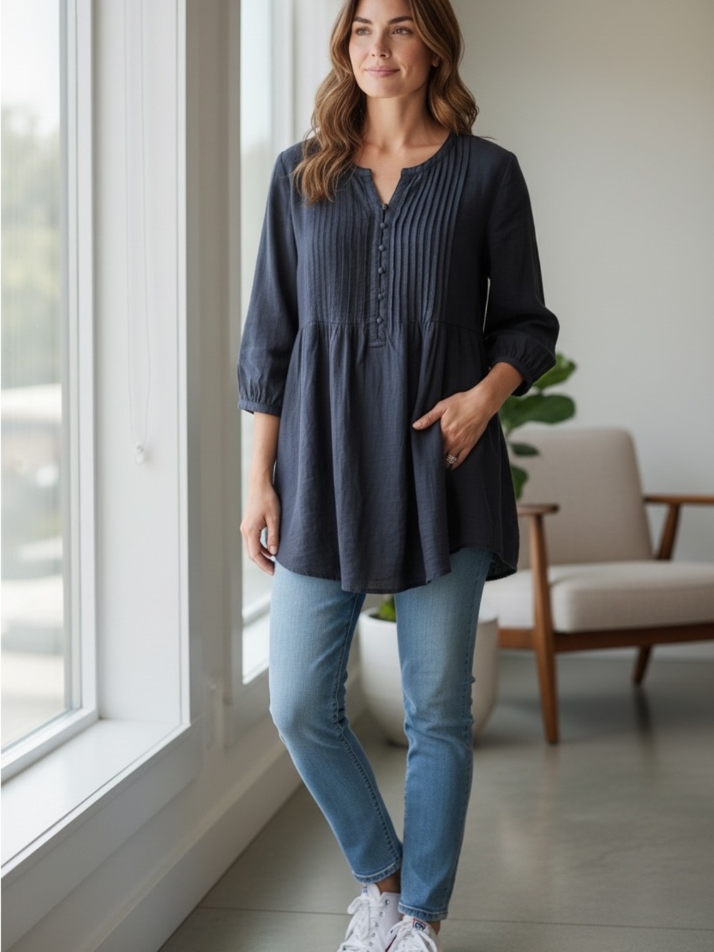Vineyard Vines Navy Linen Pintuck Henley Tunic